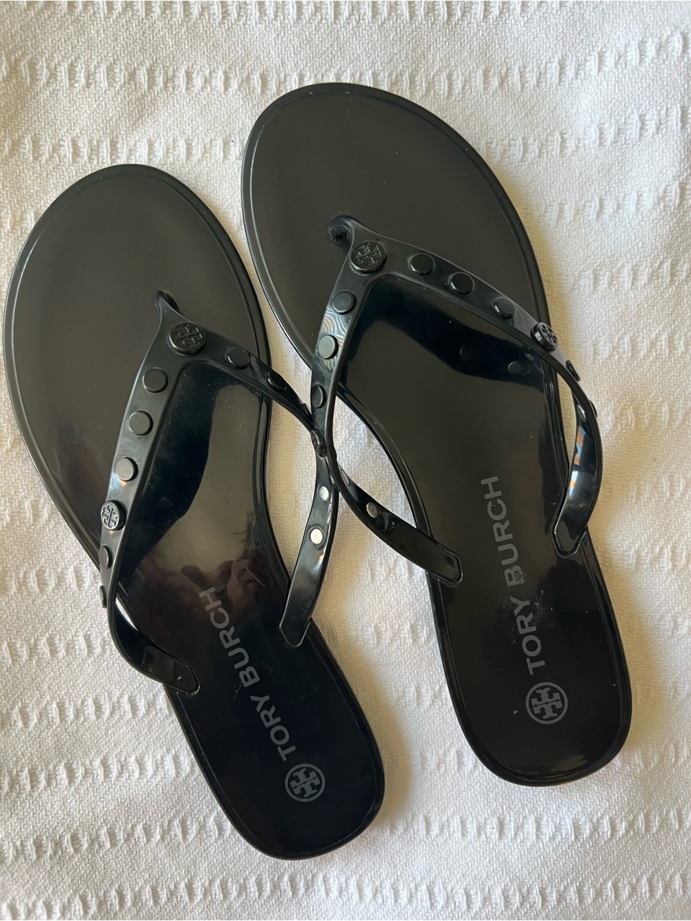 Tory Burch Black Logo Jelly Thong Sandals with Stud Detail